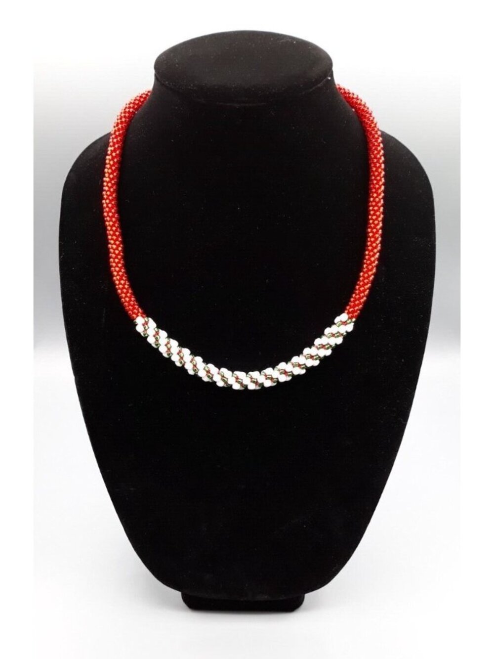 22" Red Green Medium Seed BeadKumihimo (Japanese Braid) and White Glass Necklace - Picture 3 of 3
